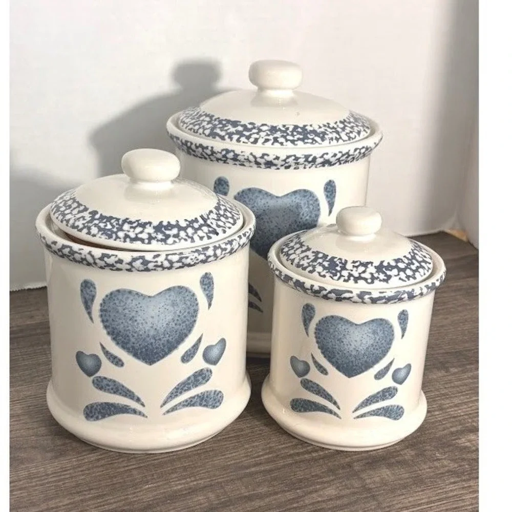 Jay Import Co Vintage Blue Heart Sponge Paint Ceramic Canister Set 3pc Farmhouse